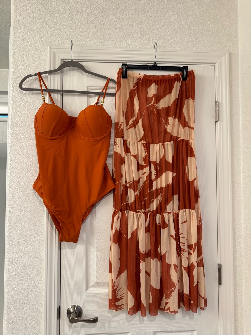 SHEIN Rust Orange Scallop One-Piece Swimsuit with Floral Cover Skirt (12/XL)